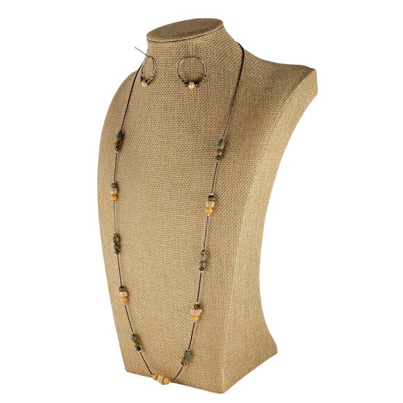 Beaded Hoop Earrings, Long 30" Bead Necklace Set Mixed Green Brown Silver Tone - Picture 10 of 14